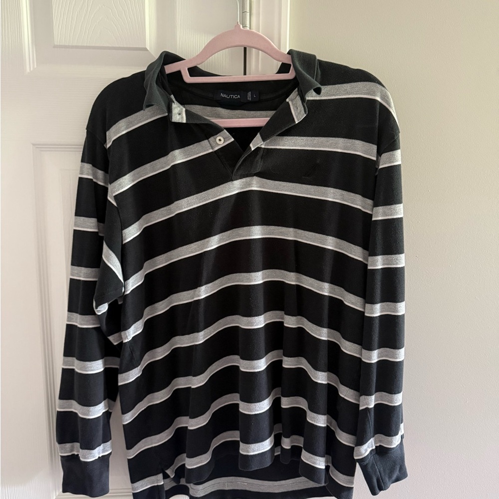 Nautica Black and Gray Polo Shirt with Stripes